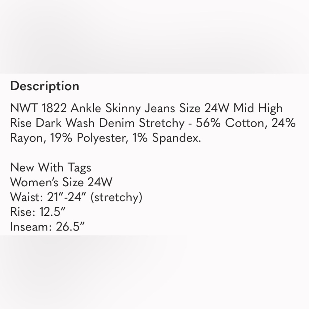 NWT 1822 Ankle Skinny Jeans Size 24W Mid High Rise Dark Wash Denim Stretchy - Picture 11 of 11